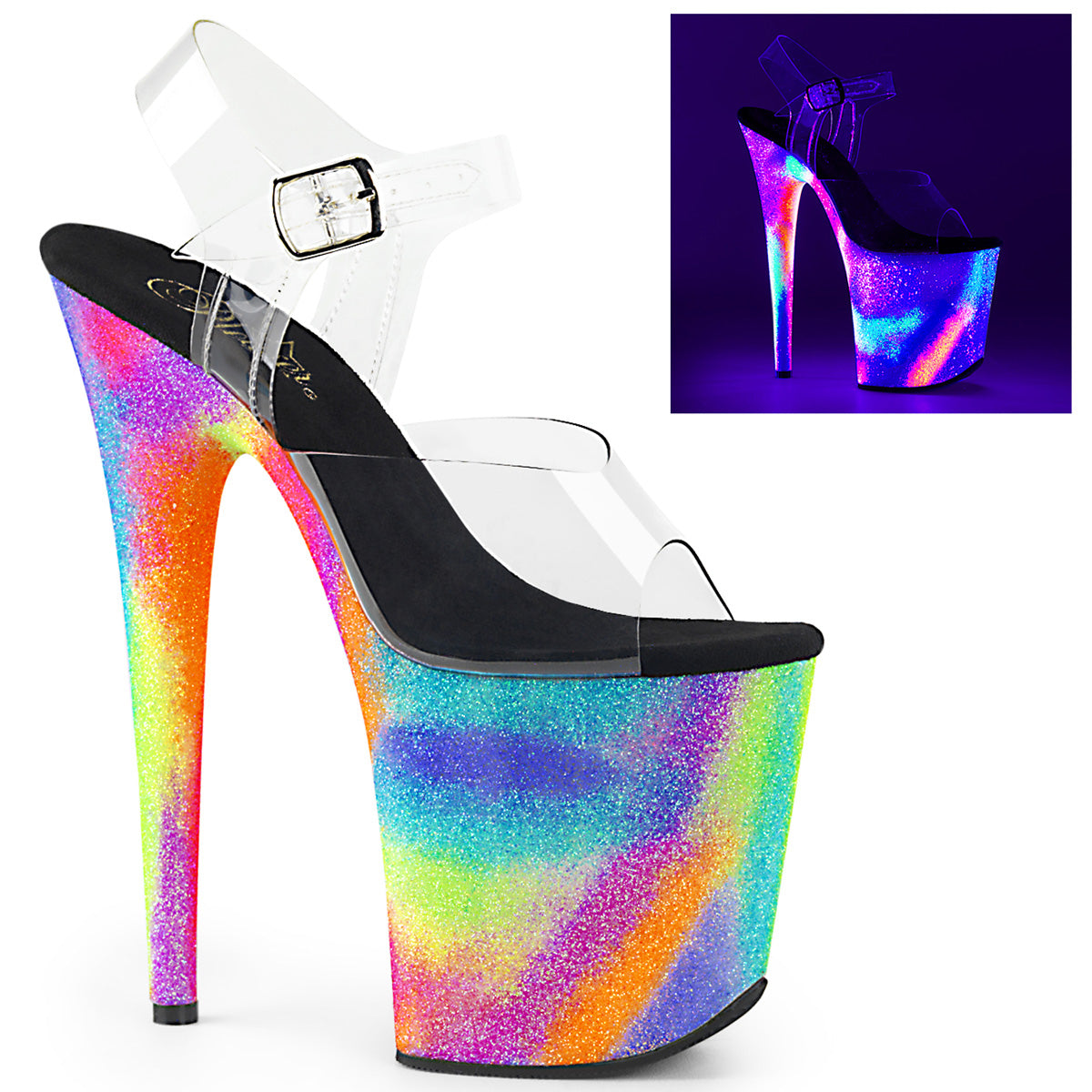 PLEASER FLAM808GXY/C/NGXYG Ankle Strap Sandal w/UV Galaxy Effect Bottom 8 Inch Heels SIZE 9 ONLY