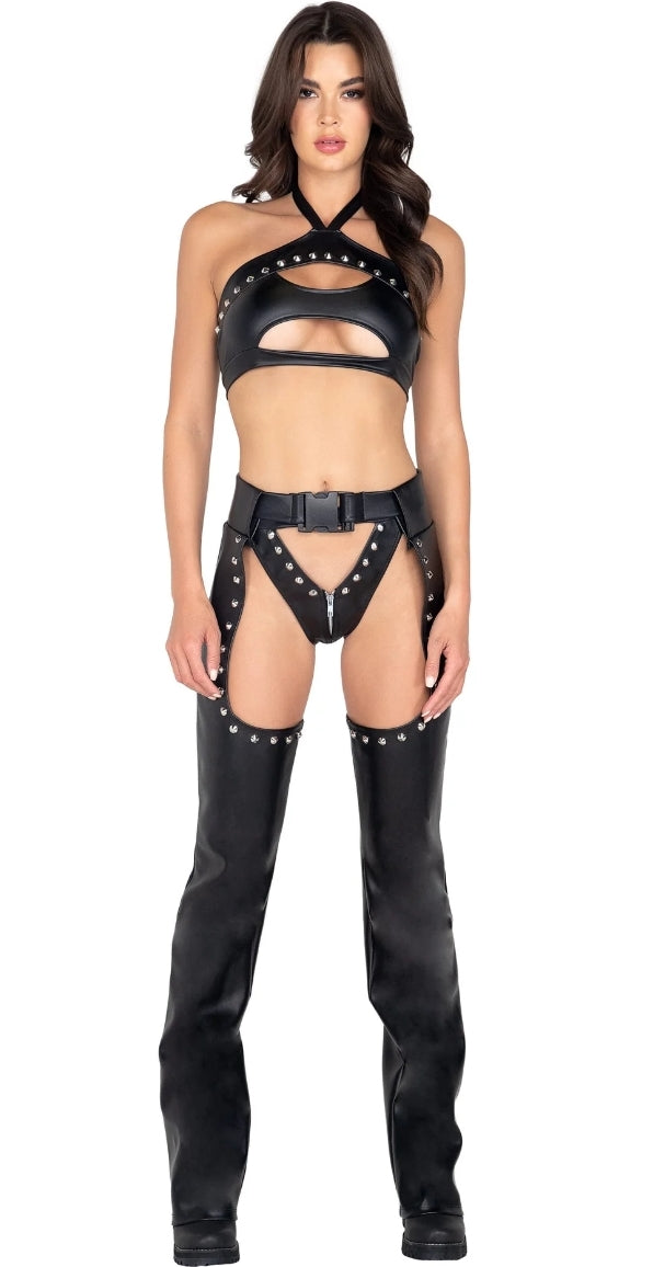 THUNDERSTRUCK STUDDED FAUX LEATHER CHAPS W/BELT 3977