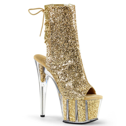 PLEASER ADO1018G/G/M 7 Inch Gold Glitter Open Toe Heel