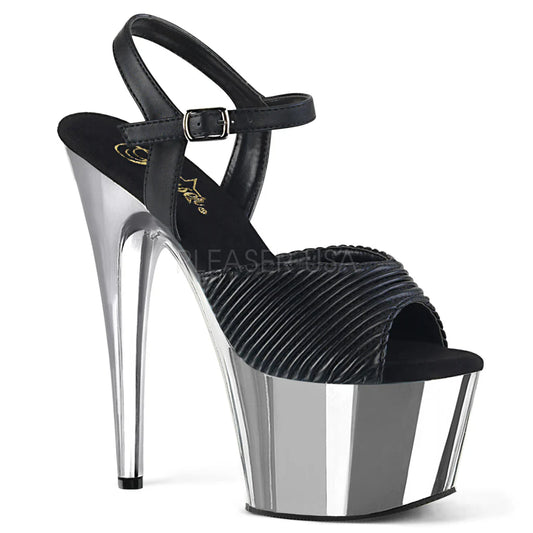 PLEASER ADO709/BQTPU/SCH 7 Inch Black Quilted Faux Leather/Silver Chrome Heel