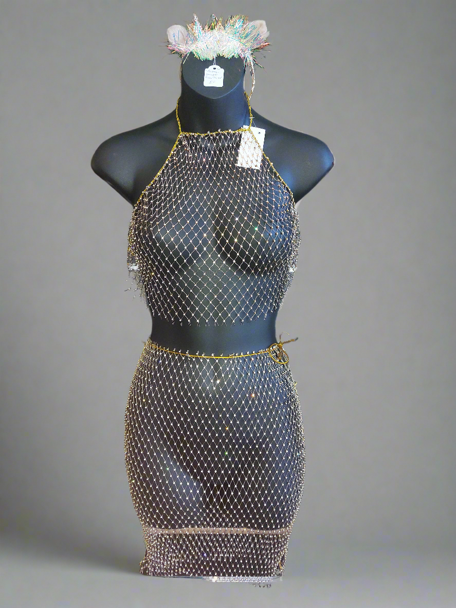 Crystal Beaded Fishnet Halter Top & Skirt