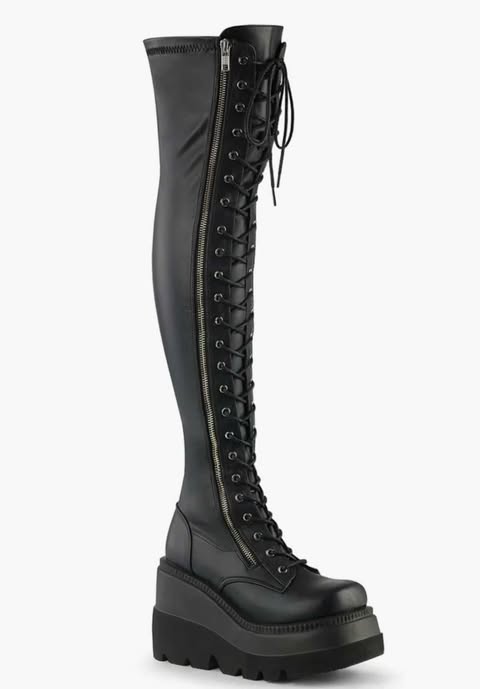 DEMONIA SHA374 Black Stretch Vegan Leather Thigh High Combat Boots